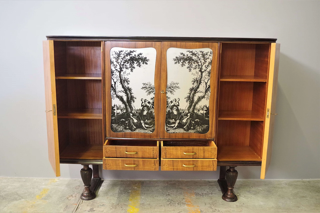 Credenza in legno impiallacciato ciliegio con ante decorate, anni '50 1