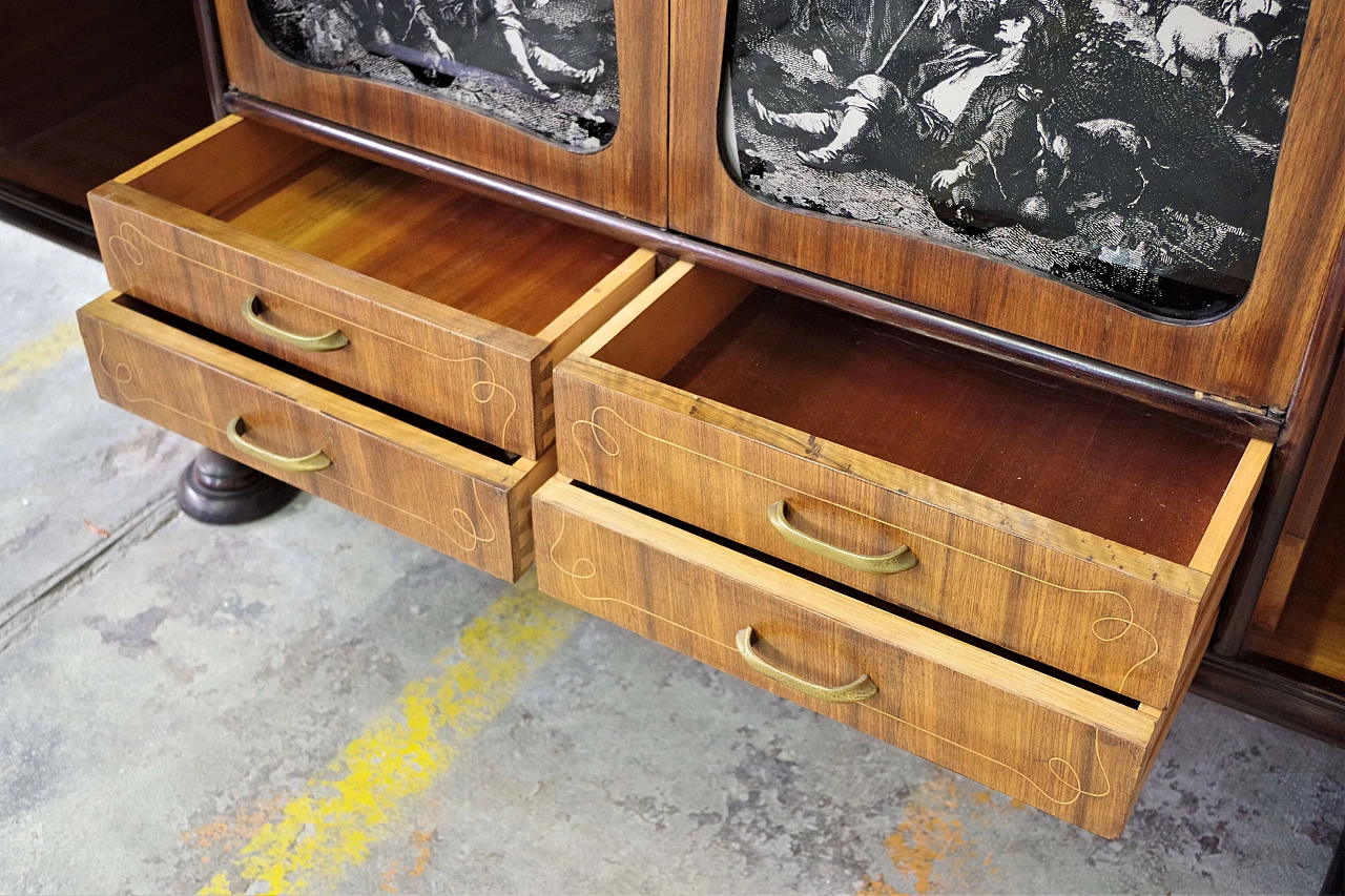 Credenza in legno impiallacciato ciliegio con ante decorate, anni '50 2