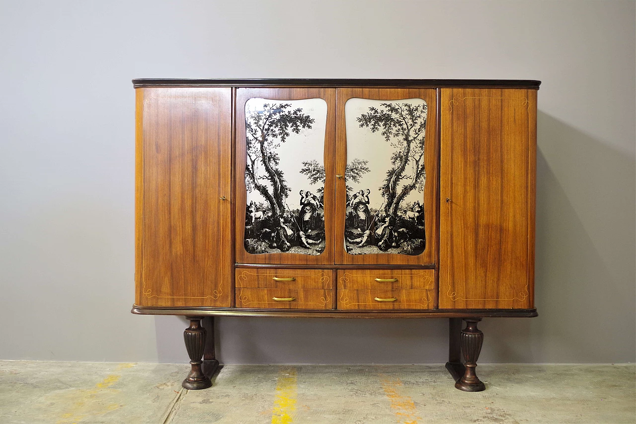 Credenza in legno impiallacciato ciliegio con ante decorate, anni '50 5