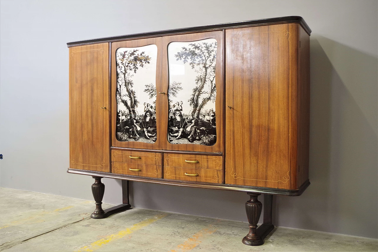 Credenza in legno impiallacciato ciliegio con ante decorate, anni '50 6