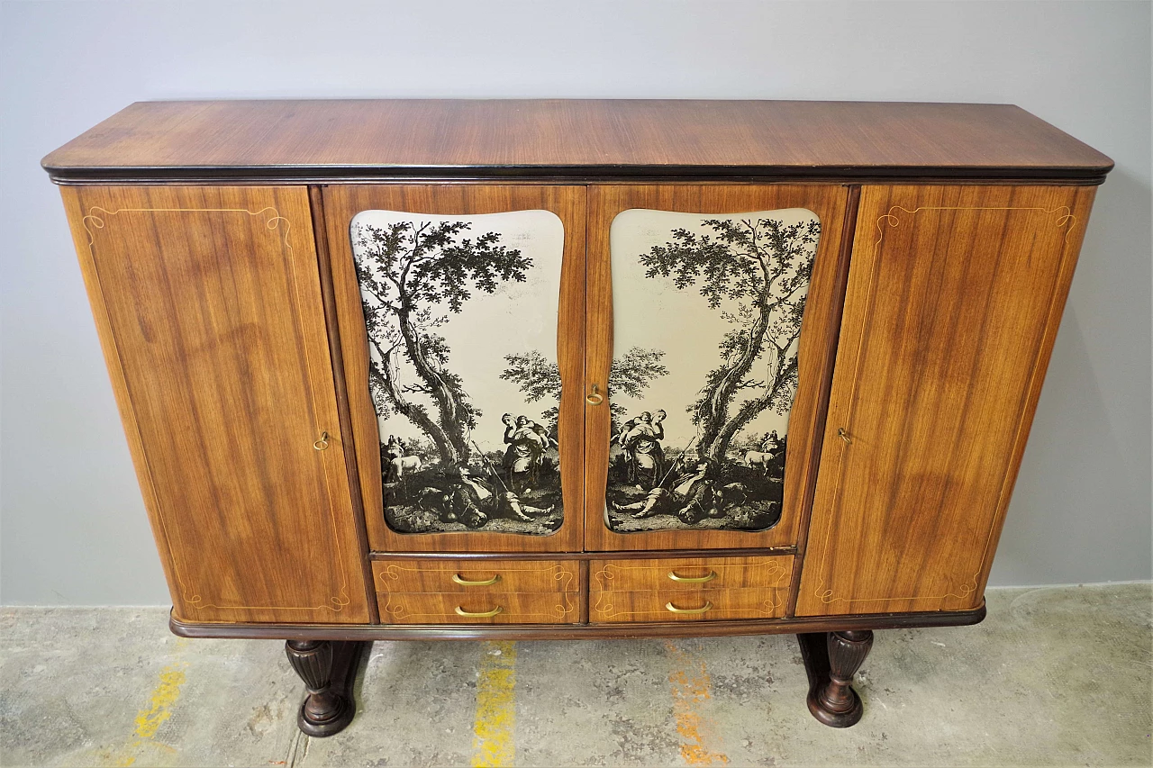 Credenza in legno impiallacciato ciliegio con ante decorate, anni '50 8