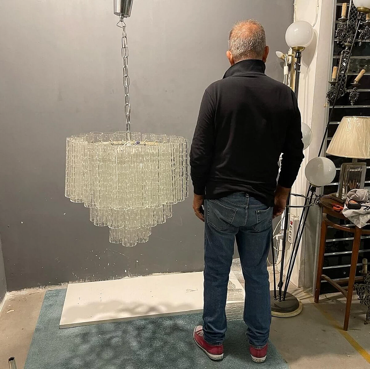 Chandelier in transparent blown glass, 1970s 3