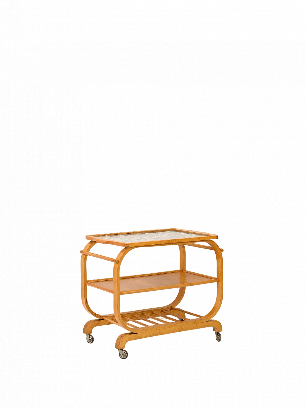 Carrello in legno e vetro Art Decó con ruote, anni ‘30 13
