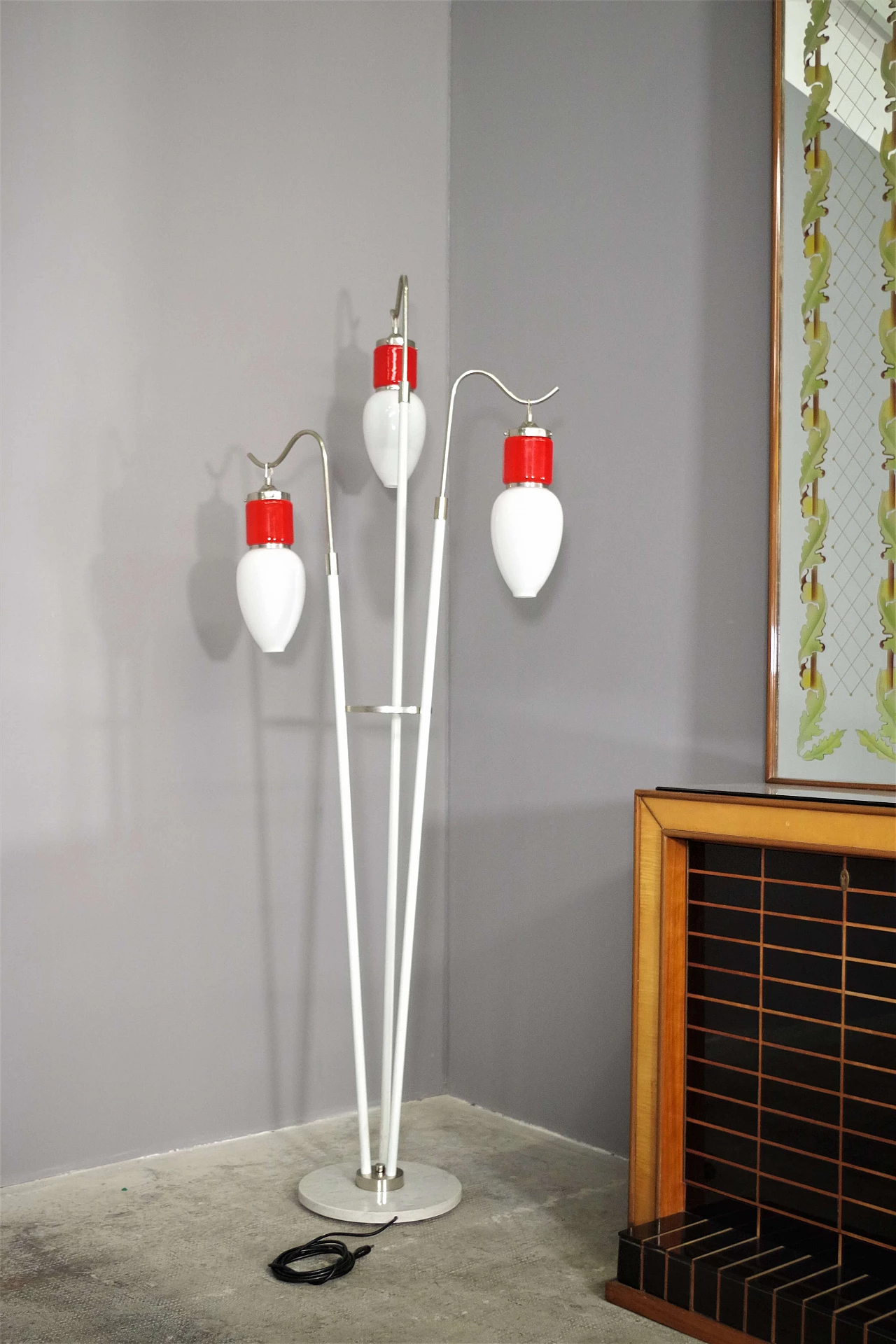 Three-light floor lamp in glass, metal and marble, 1970s 6