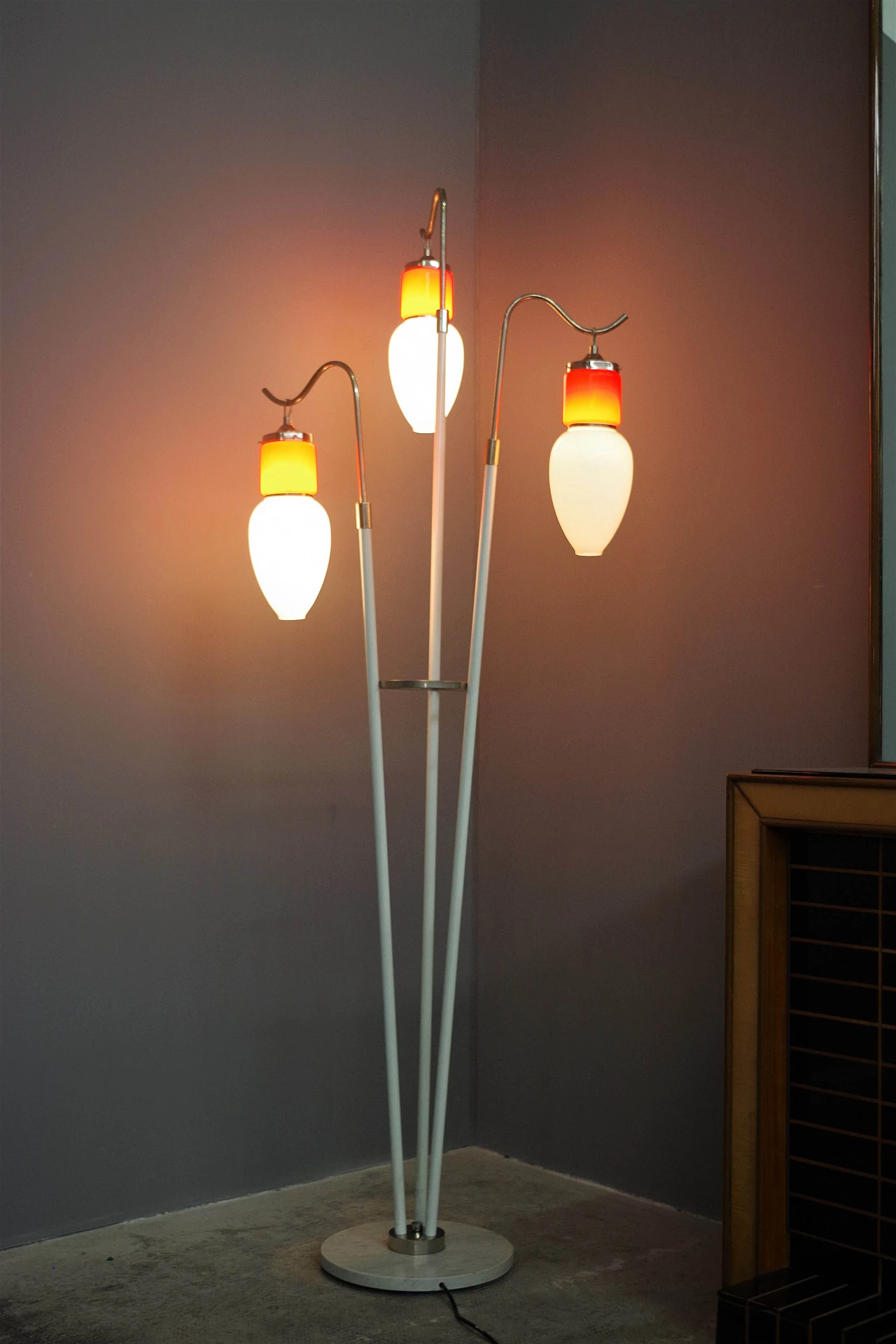 Three-light floor lamp in glass, metal and marble, 1970s 8