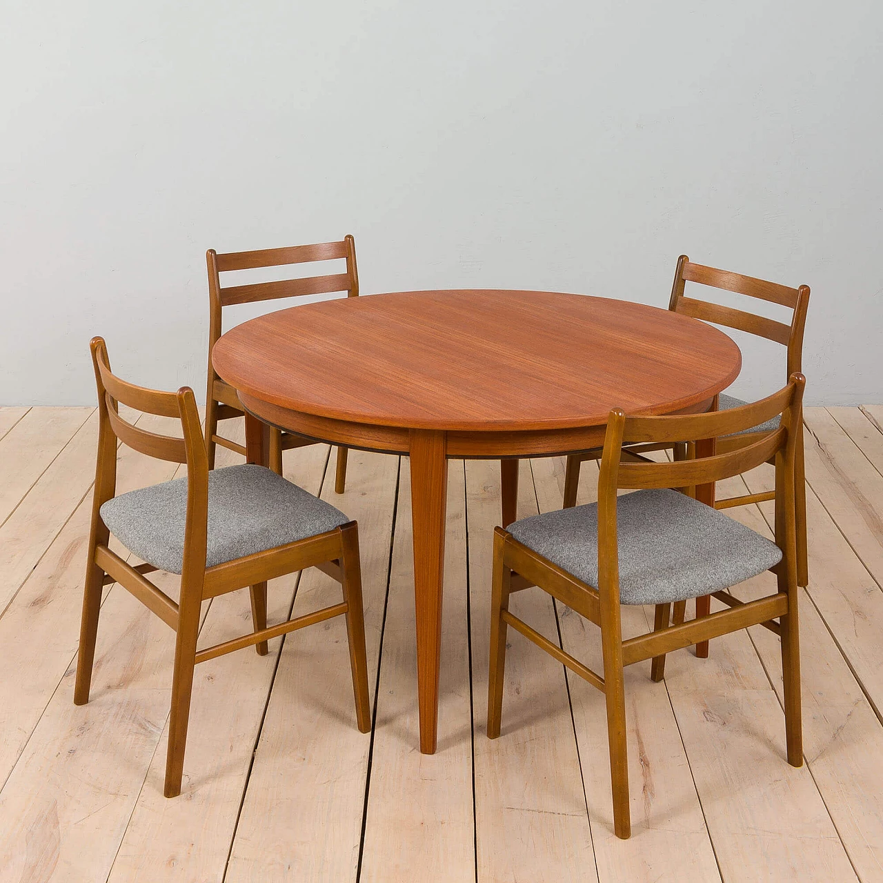 4 Danish wooden chairs upholstered in gray wool, 1960s 13