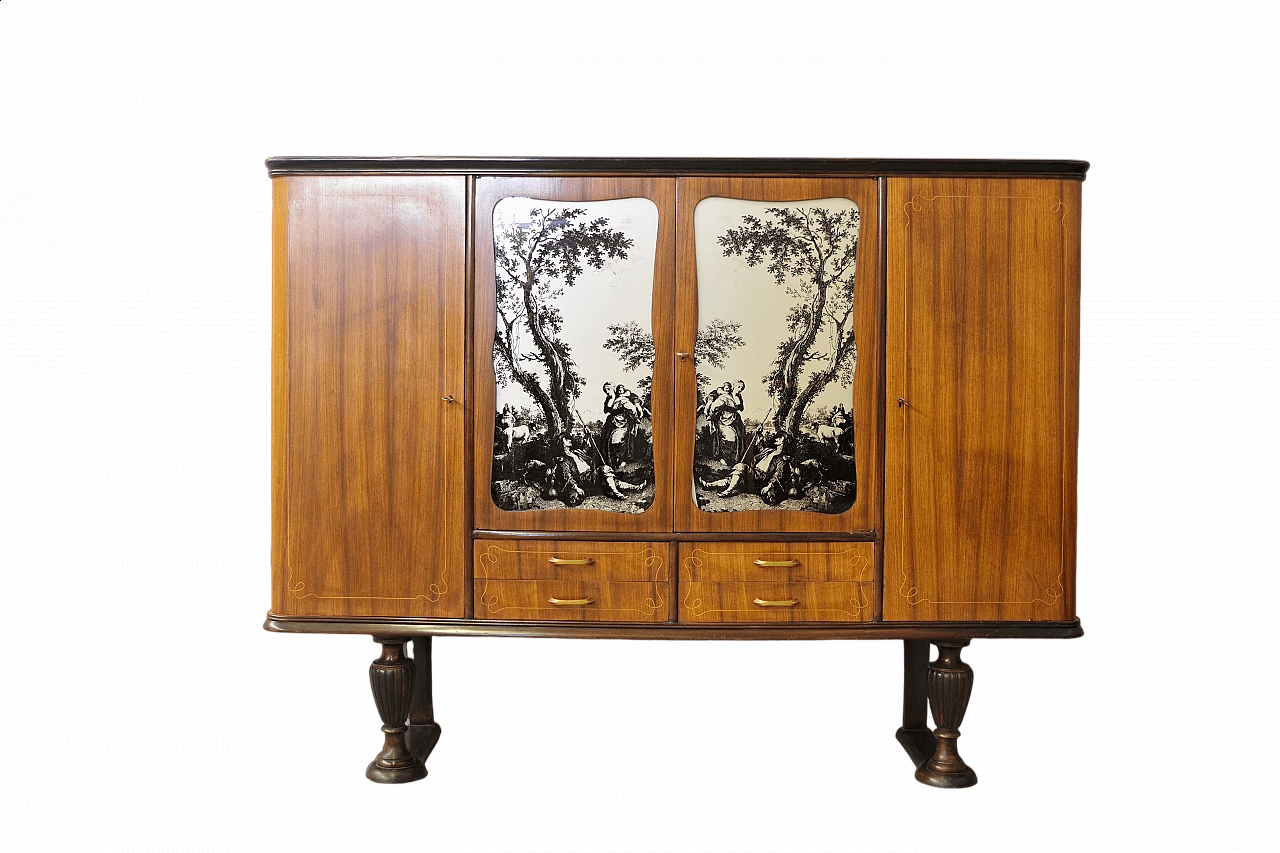 Sideboard with cherry wood veneer and decorated doors, 1950s 11