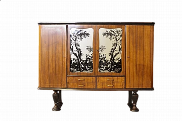Sideboard with cherry wood veneer and decorated doors, 1950s