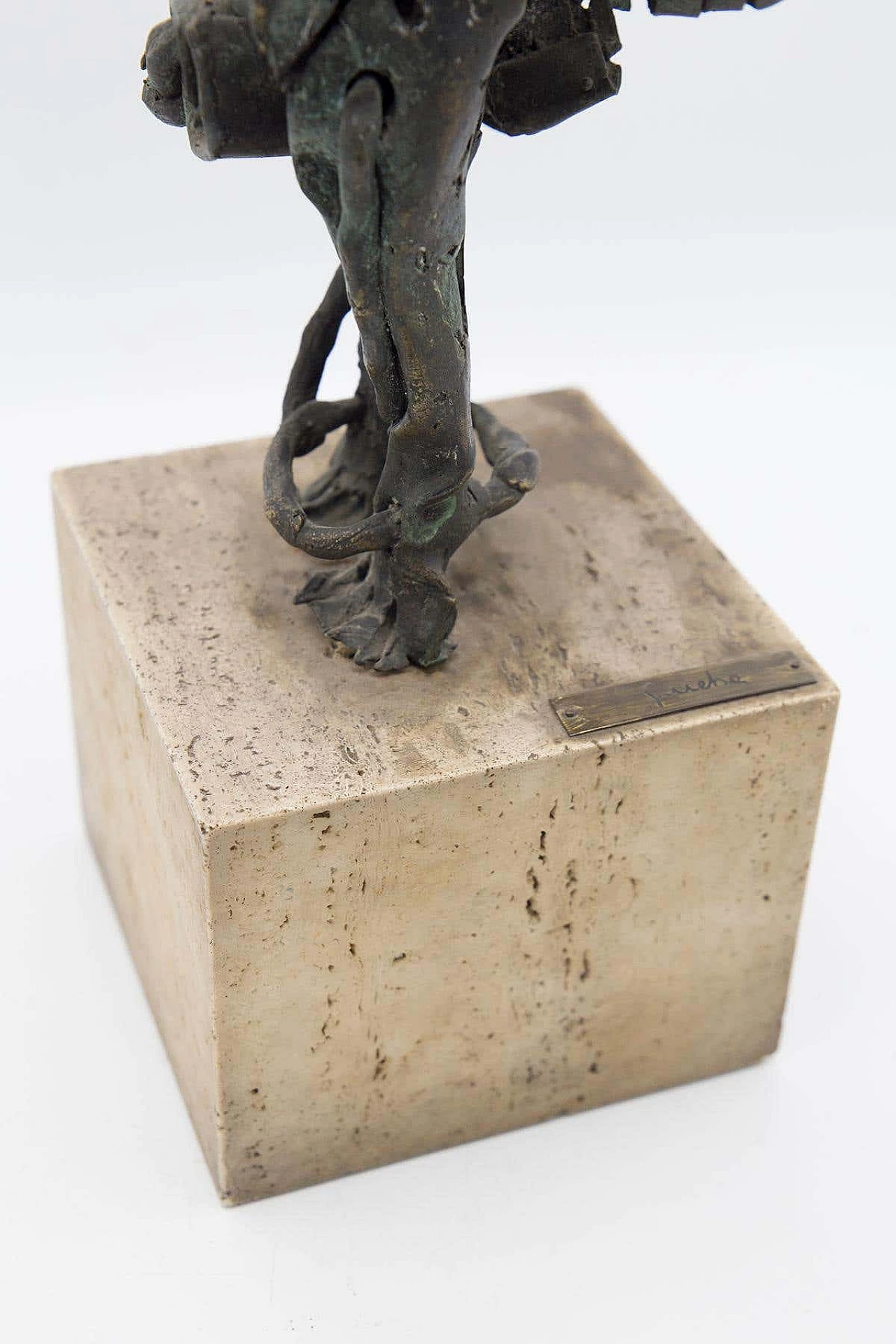 Brutalist bronze sculpture of mythological bird on travertine base, 1950s 4