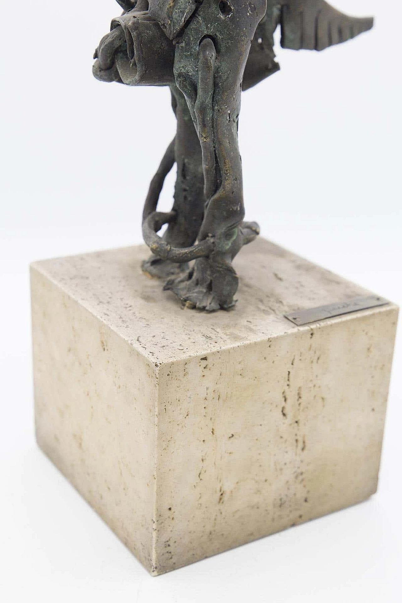 Brutalist bronze sculpture of mythological bird on travertine base, 1950s 5