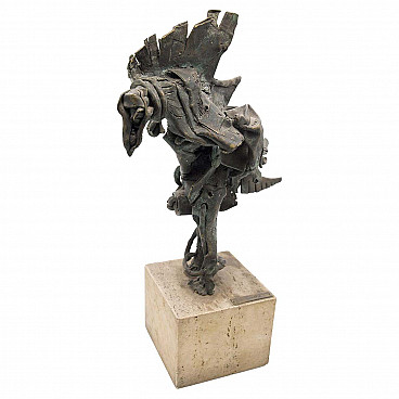 Brutalist bronze sculpture of mythological bird on travertine base, 1950s
