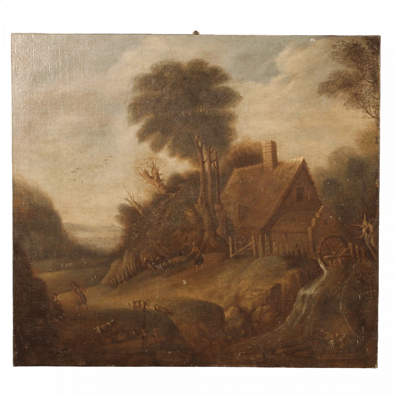 Dipinto fiammingo di paesaggio di campagna, '800 13