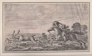Cervo inseguito da cacciatori, acquaforte, di Stefano Della Bella, '600