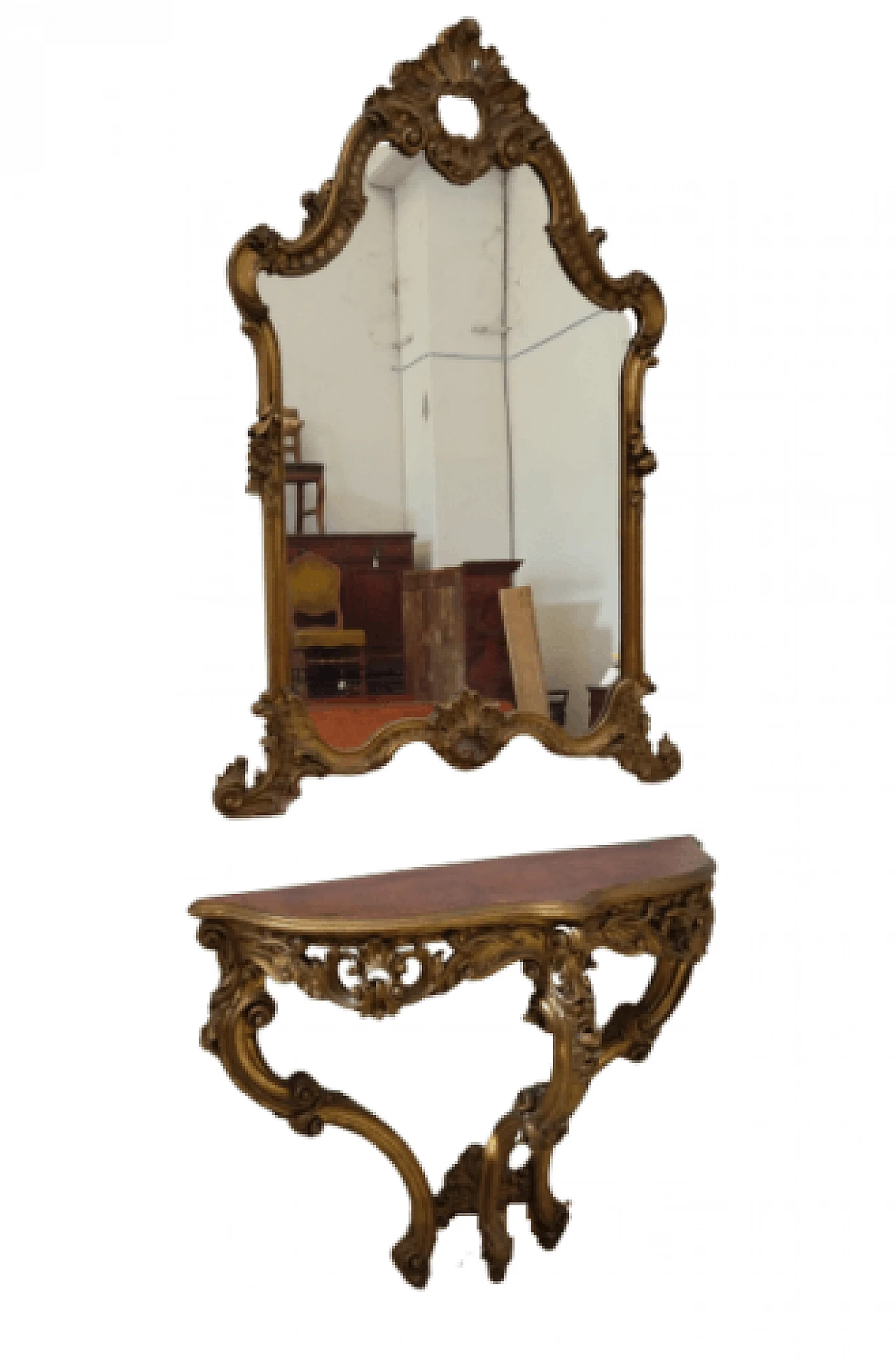 Specchio e consolle stile Luigi XV in legno intagliato e dorato 1