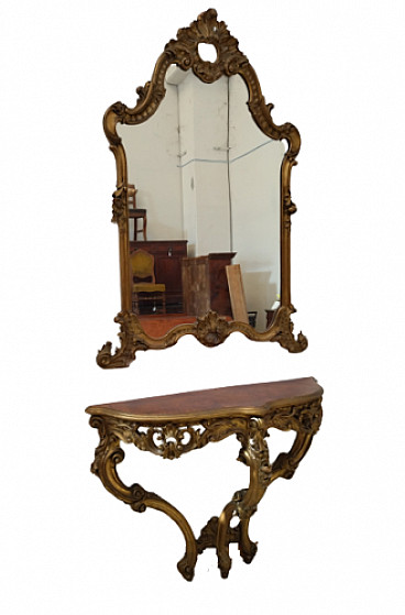 Louis XV style mirror and console in carved and gilded wood