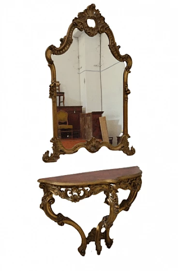 Specchio e consolle stile Luigi XV in legno intagliato e dorato
