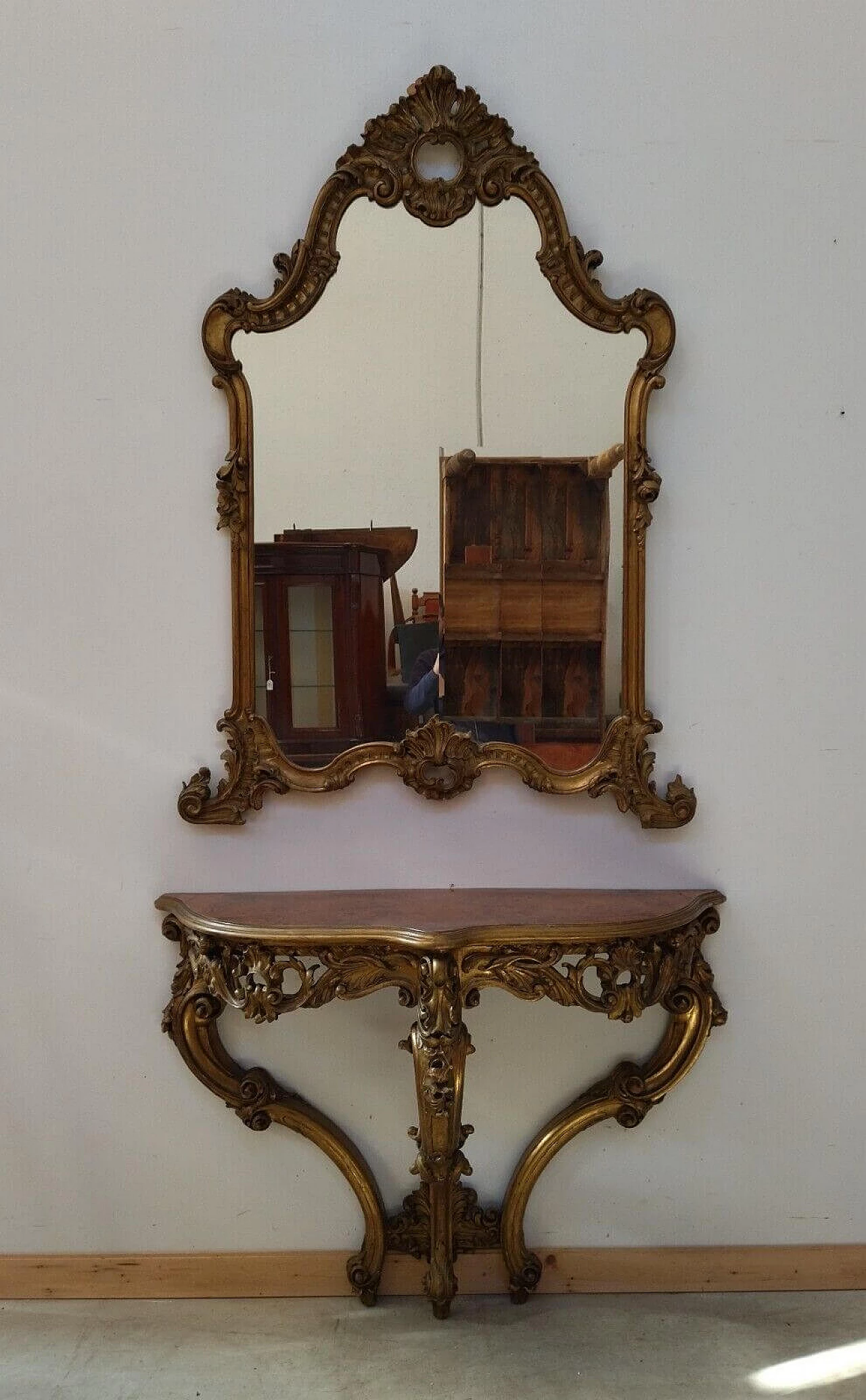 Specchio e consolle stile Luigi XV in legno intagliato e dorato 2