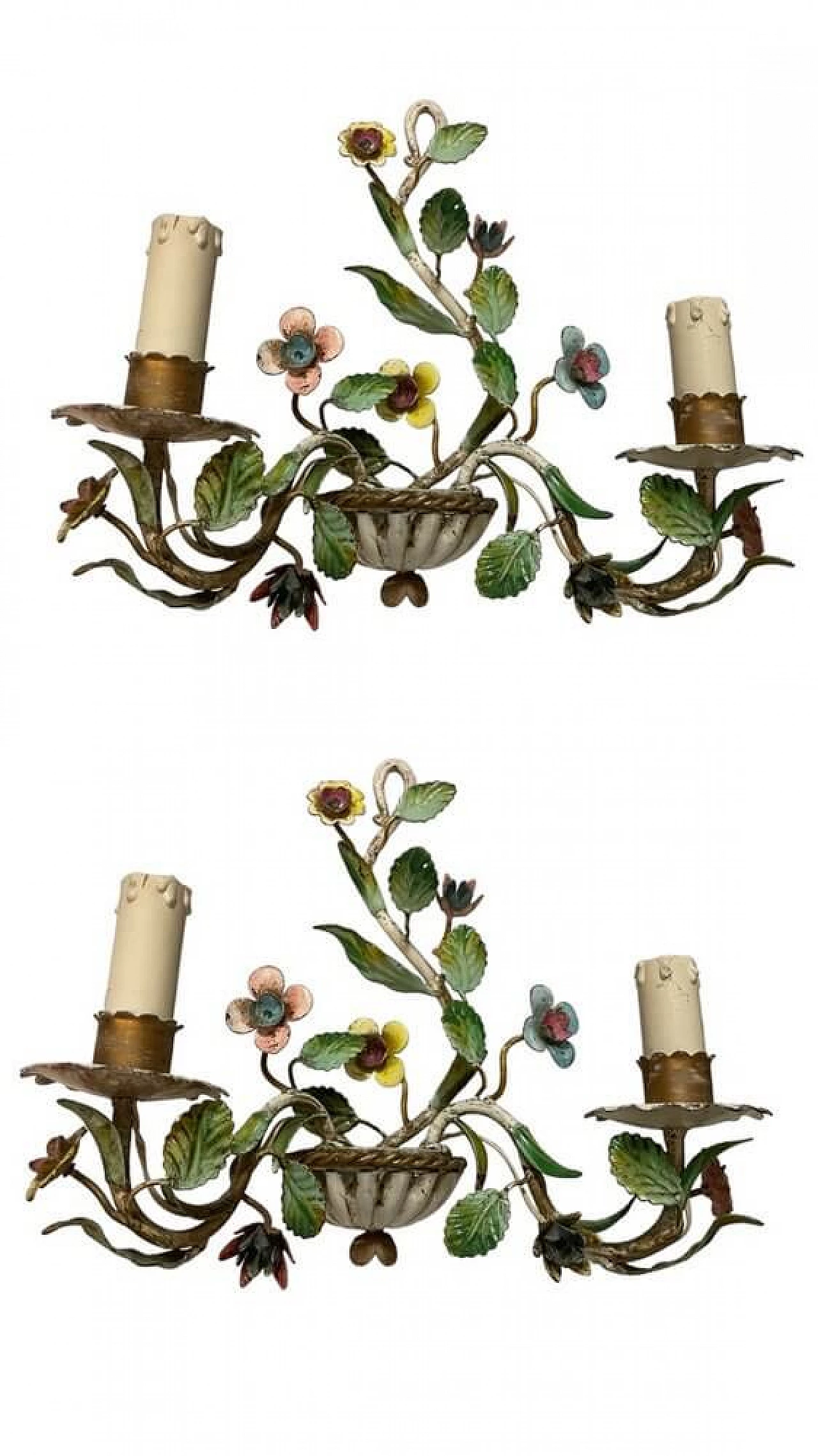 Pair of ceramic wall sconces with Tole flower, 1960s 1