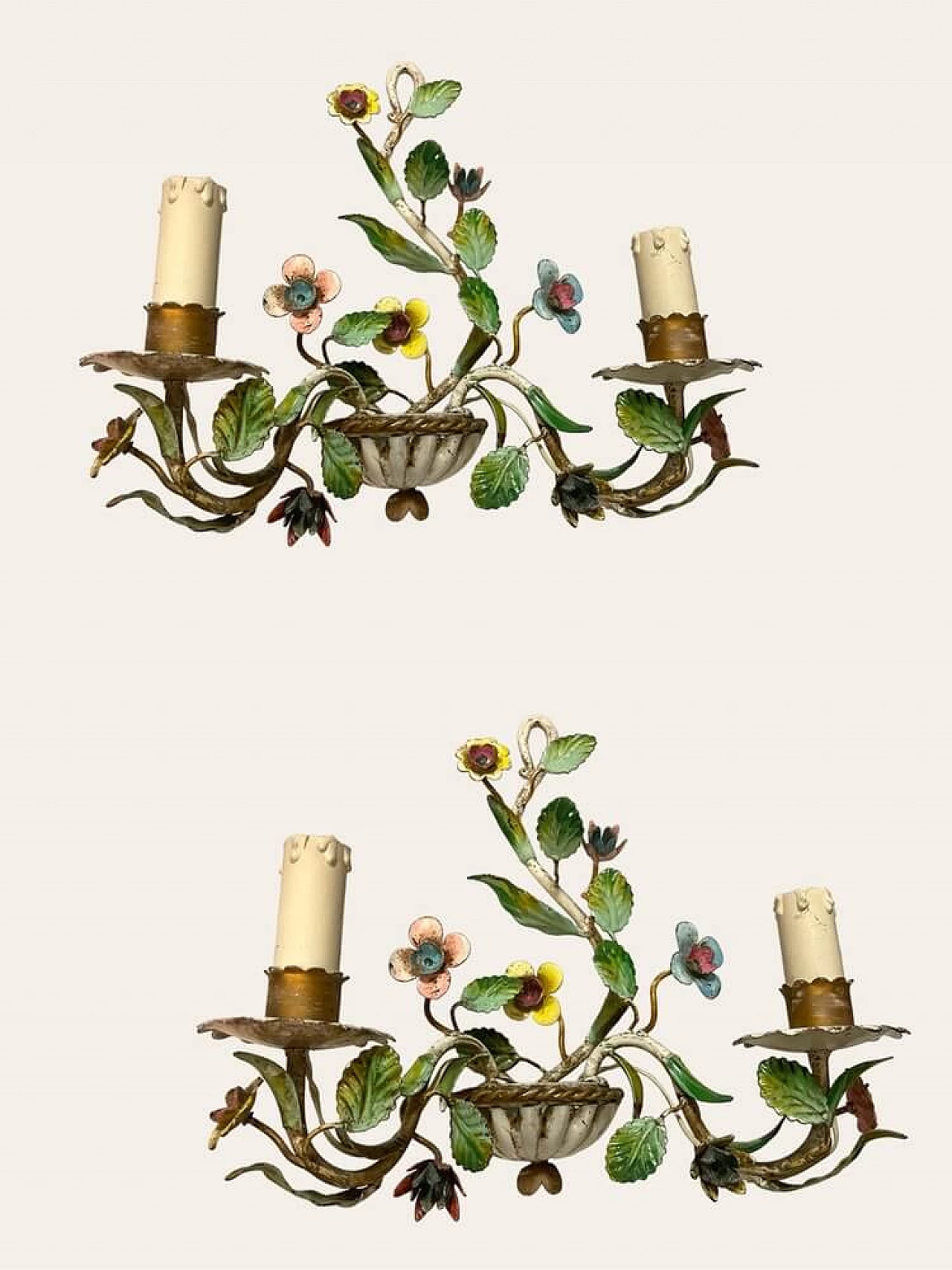 Pair of ceramic wall sconces with Tole flower, 1960s 2