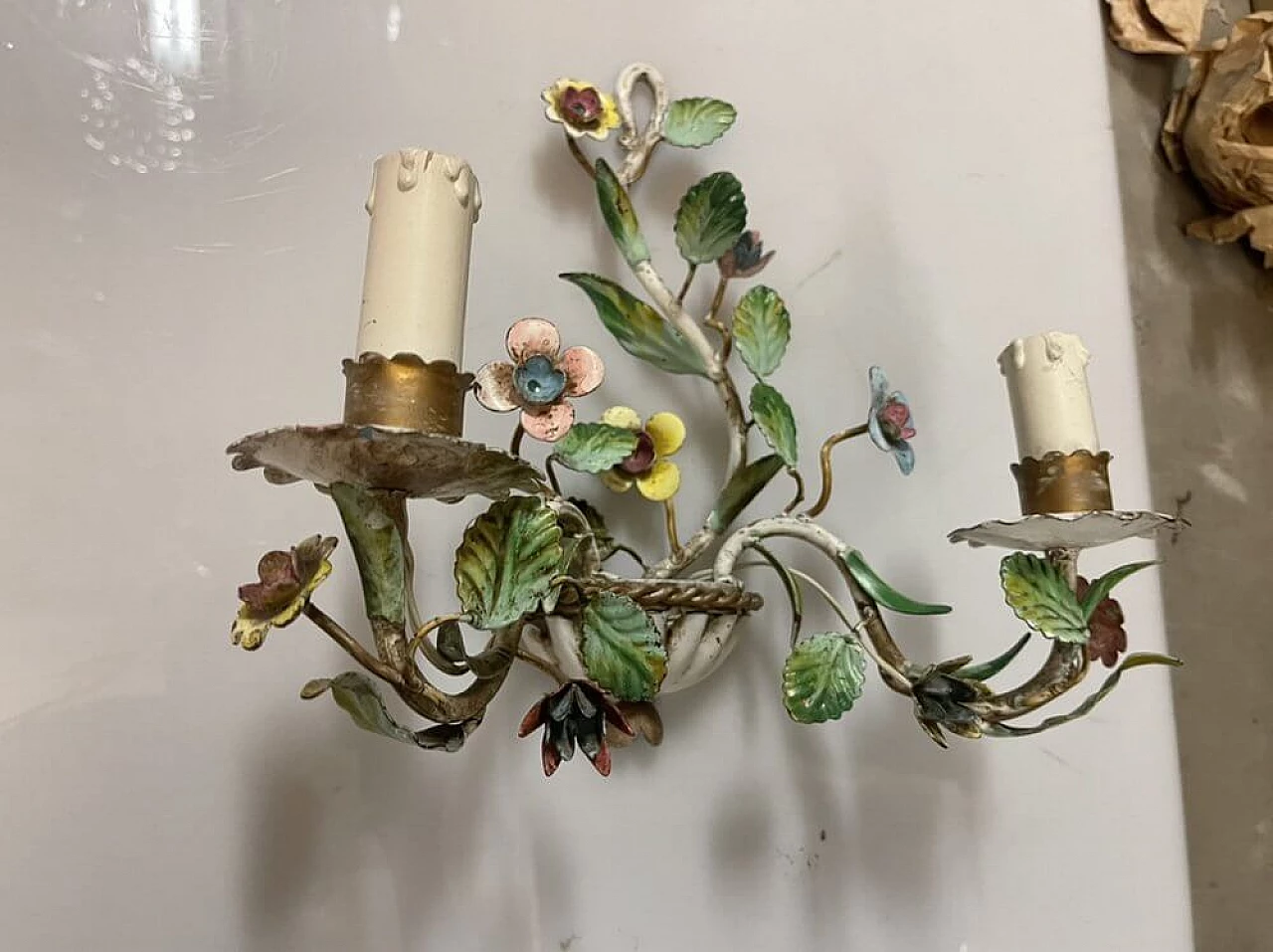 Pair of ceramic wall sconces with Tole flower, 1960s 3