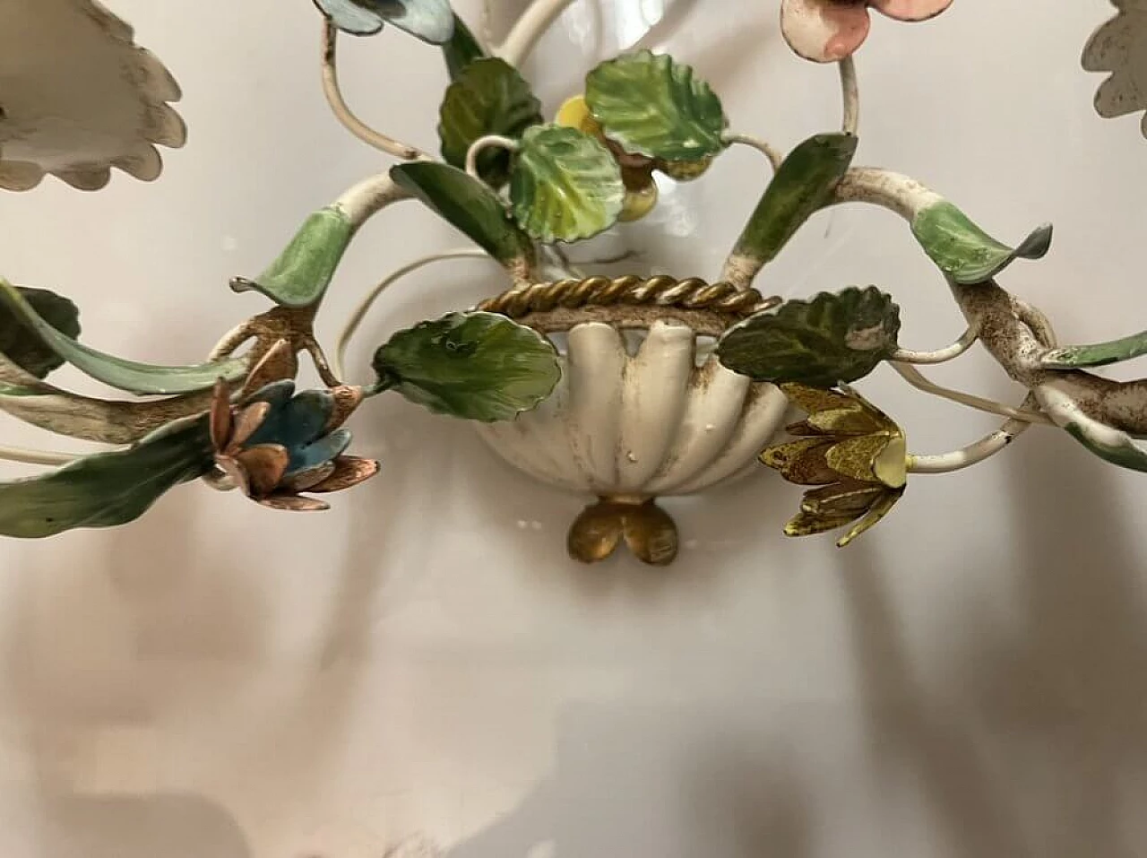 Pair of ceramic wall sconces with Tole flower, 1960s 4