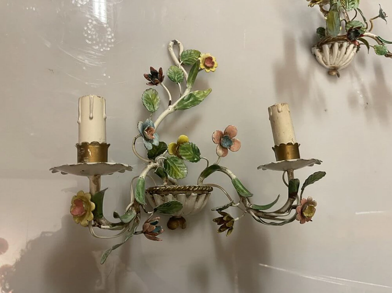 Pair of ceramic wall sconces with Tole flower, 1960s 5
