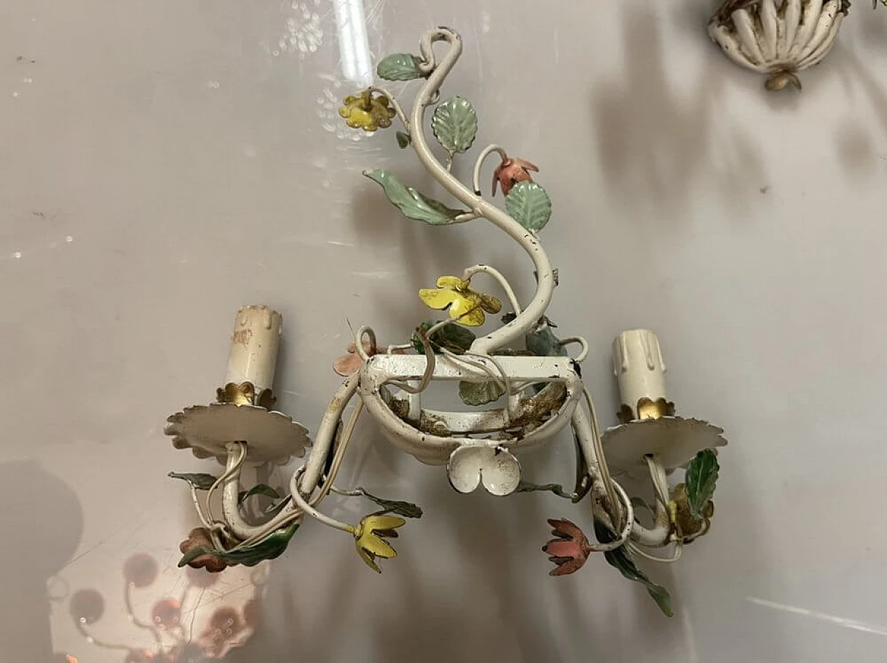 Pair of ceramic wall sconces with Tole flower, 1960s 6