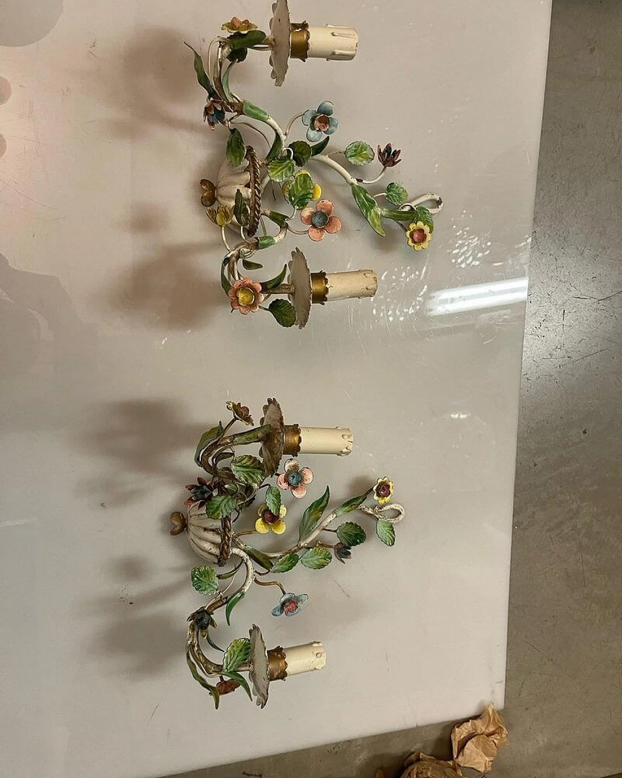 Pair of ceramic wall sconces with Tole flower, 1960s 10