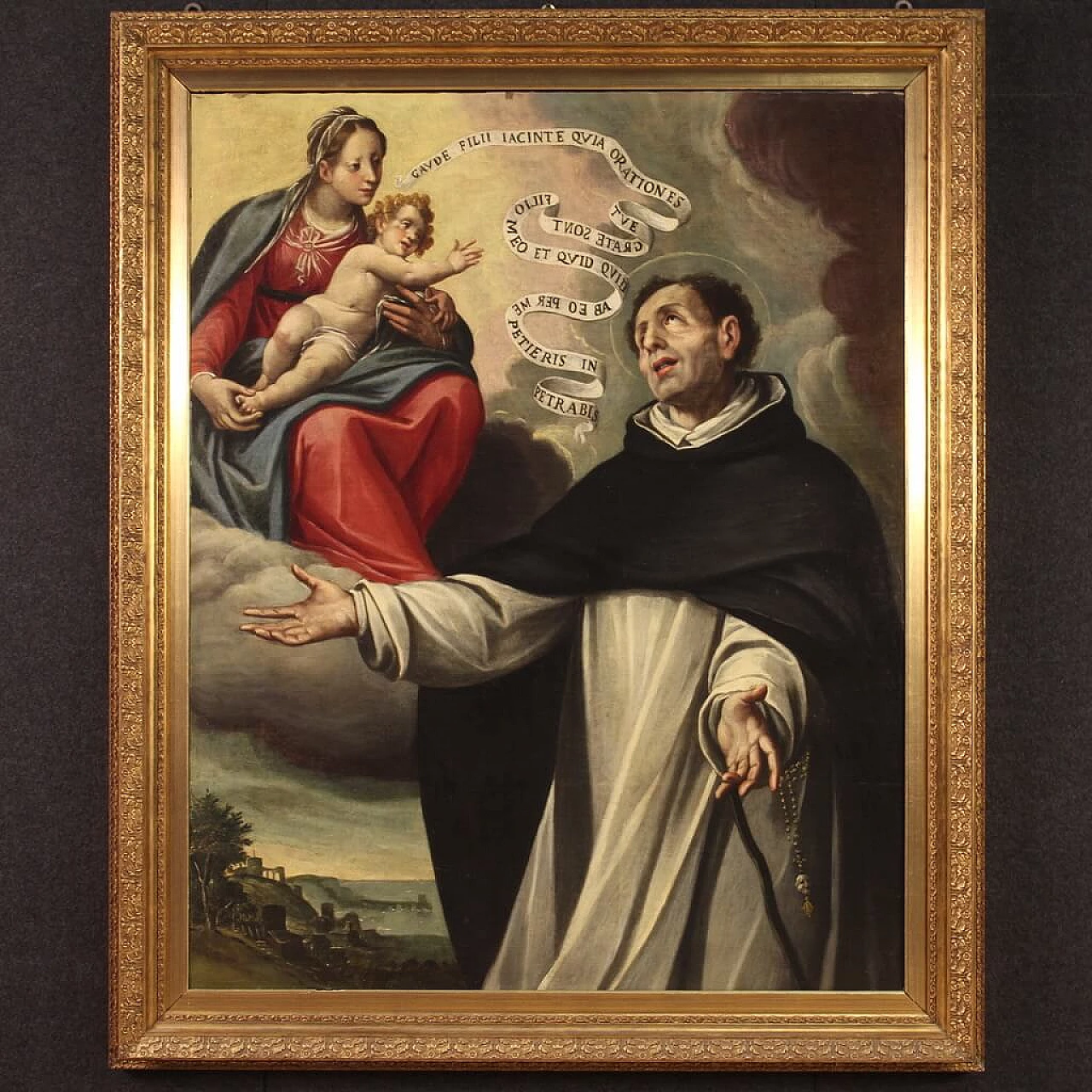 Dipinto italiano raffigurante l'Apparizione della Vergine a San Giacinto, olio su tela, '600 1