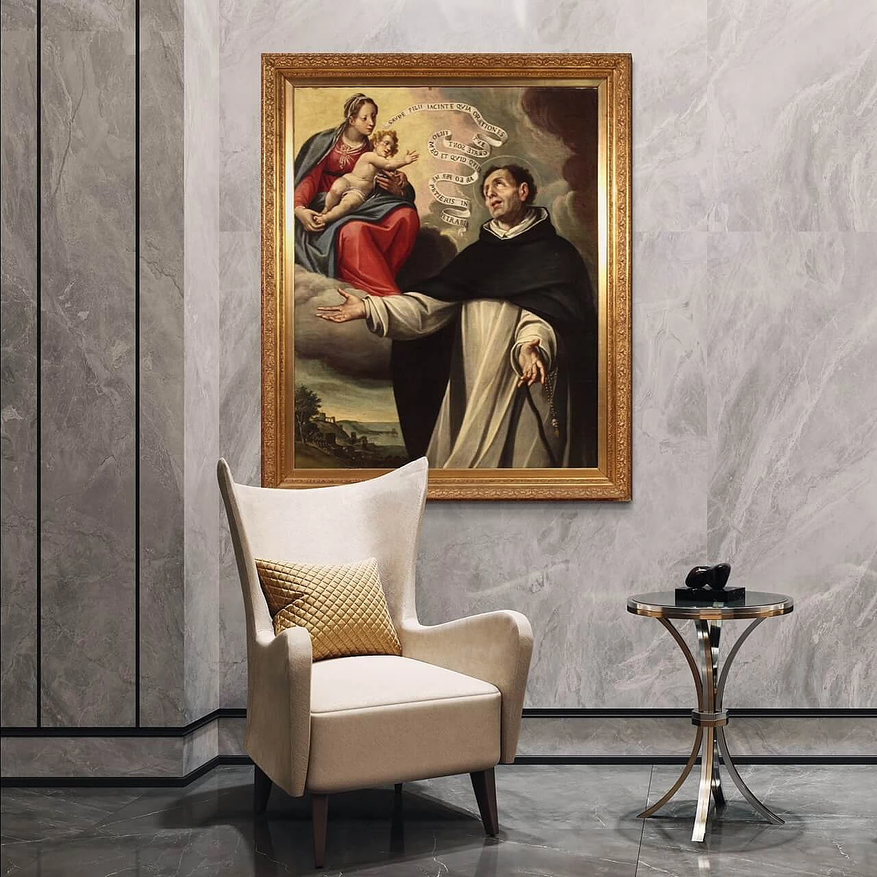 Dipinto italiano raffigurante l'Apparizione della Vergine a San Giacinto, olio su tela, '600 14