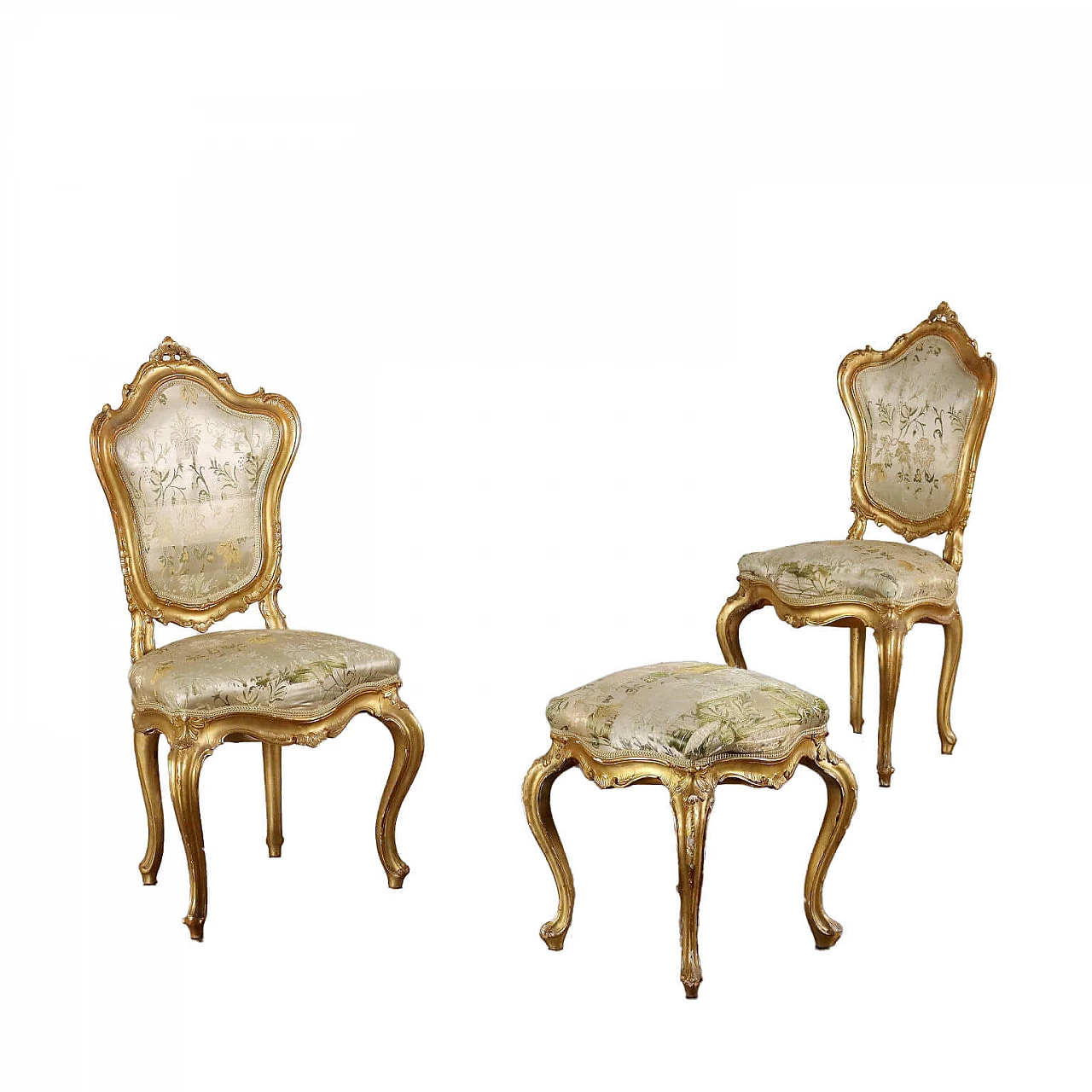 Coppia di sedie e sgabello in stile Rococò, '800 1