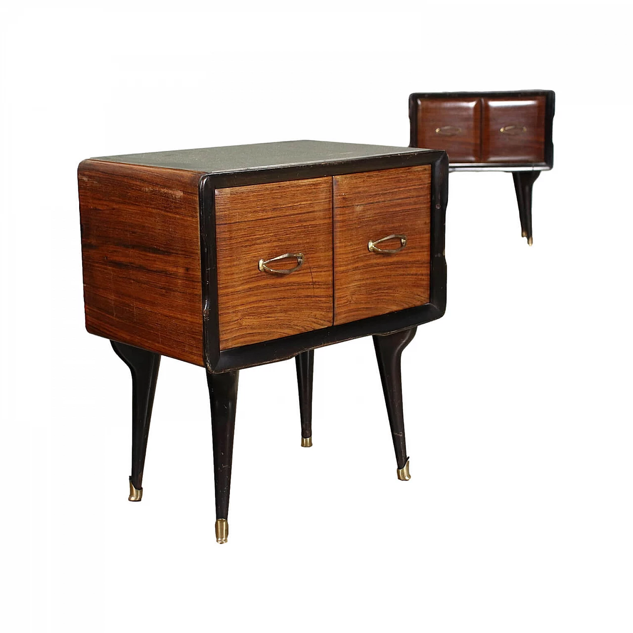 Coppia di comodini in legno con piano in vetro, anni '50 1