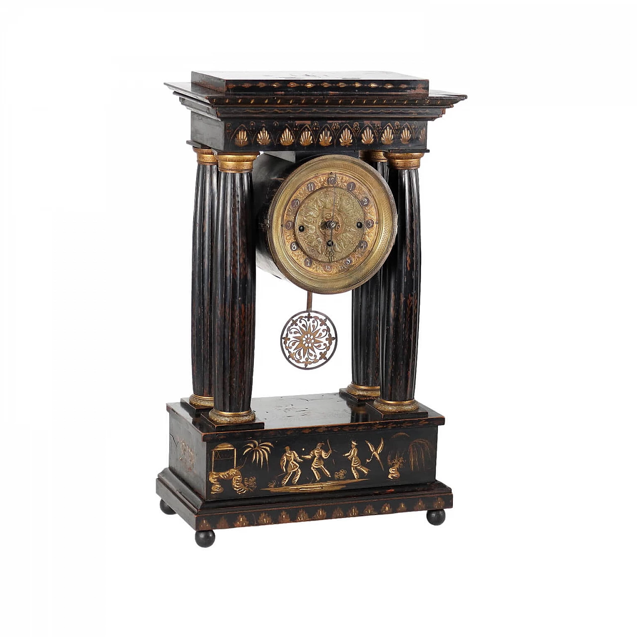 Orologio a tempietto in legno con decori chinoiserie, del '800 1