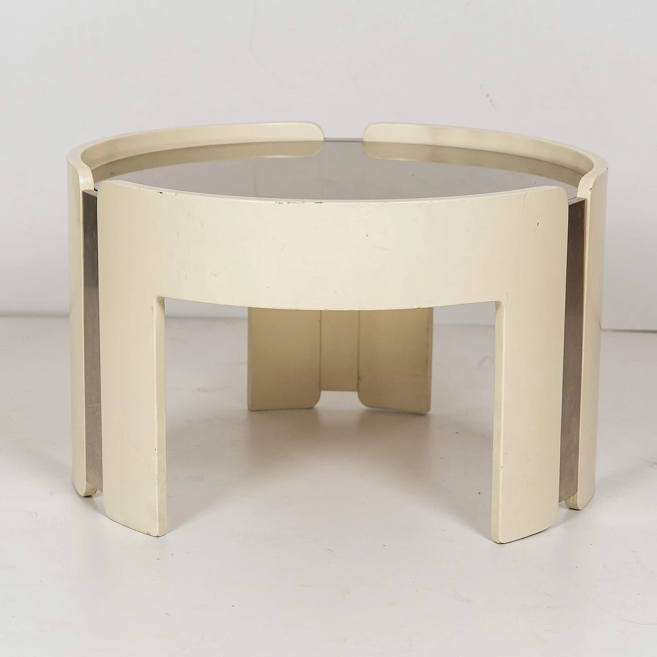Round beige wood side table with smoked glass top, 1970s 4