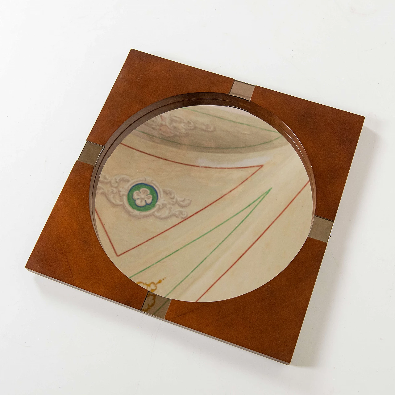 Specchio rotondo con cornice quadrata in teak, anni '70 1