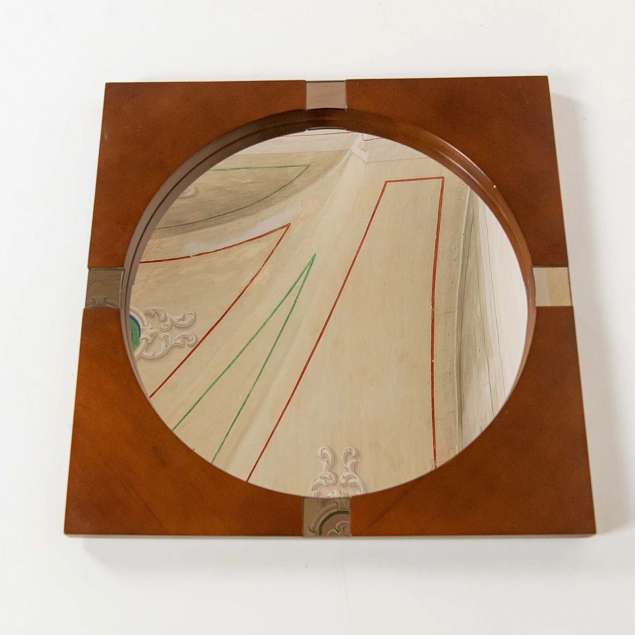 Specchio rotondo con cornice quadrata in teak, anni '70 2