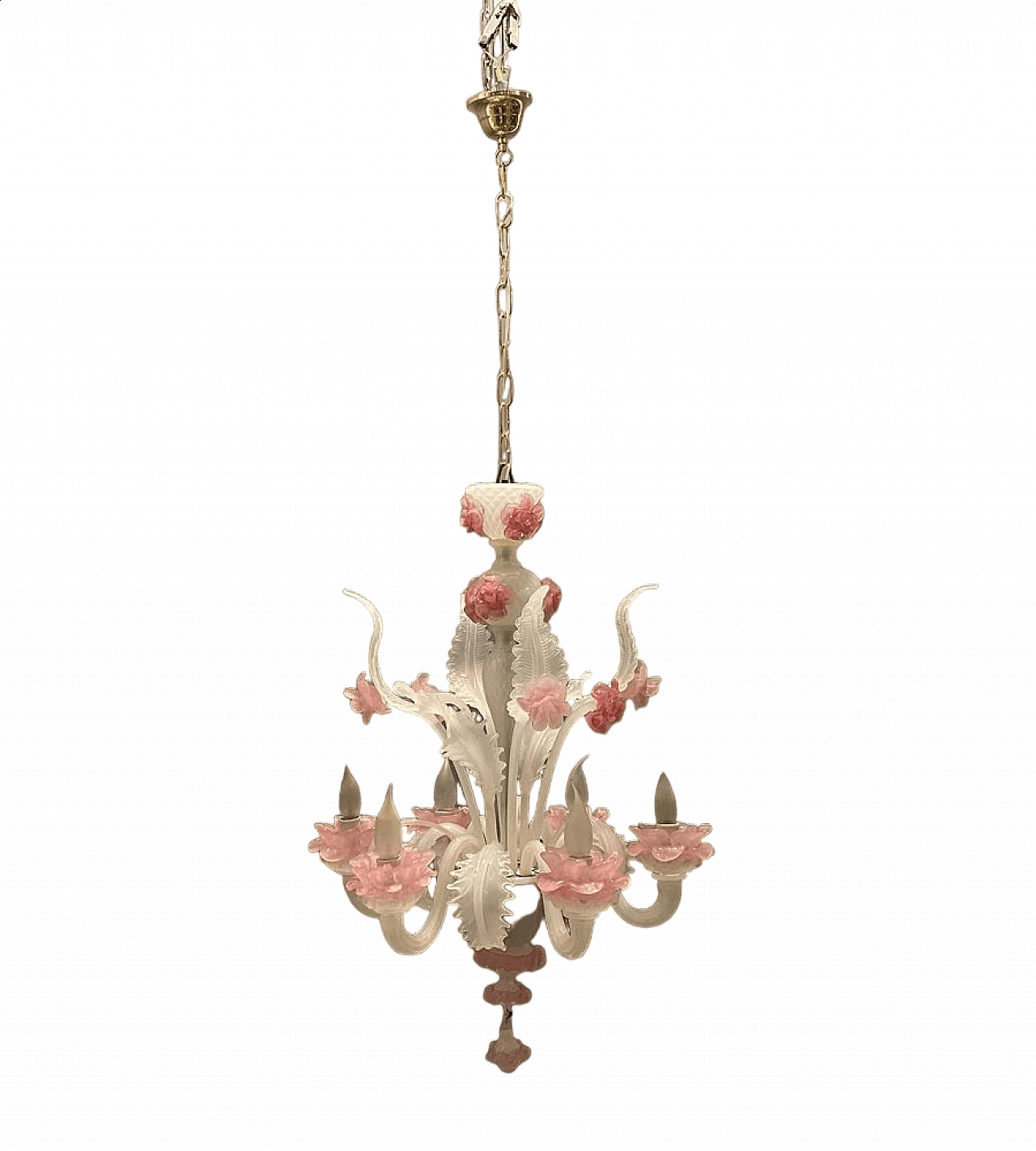 Lampadario in vetro soffiato di Murano bianco e rosa, anni '60 12