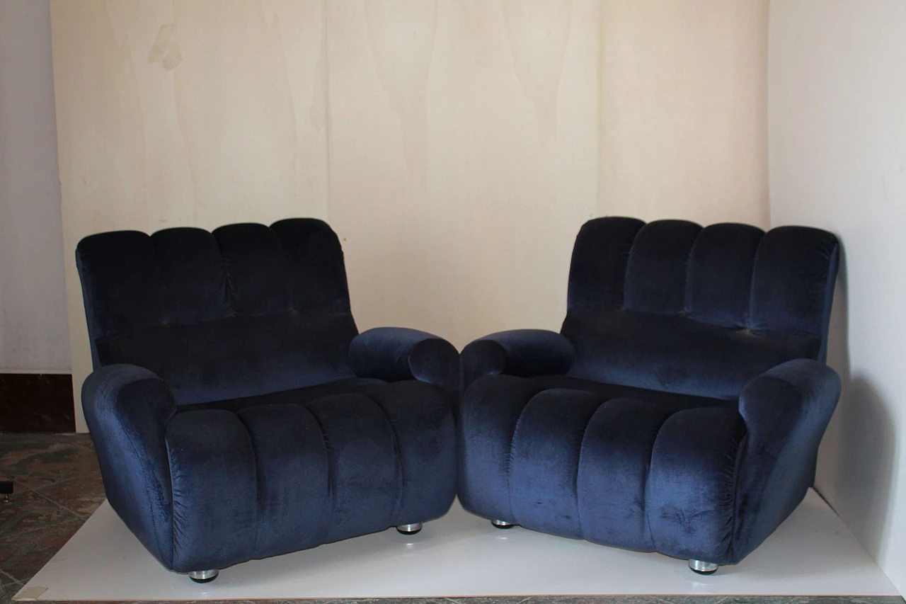 Pair of blue velvet armchairs, 1980s 1