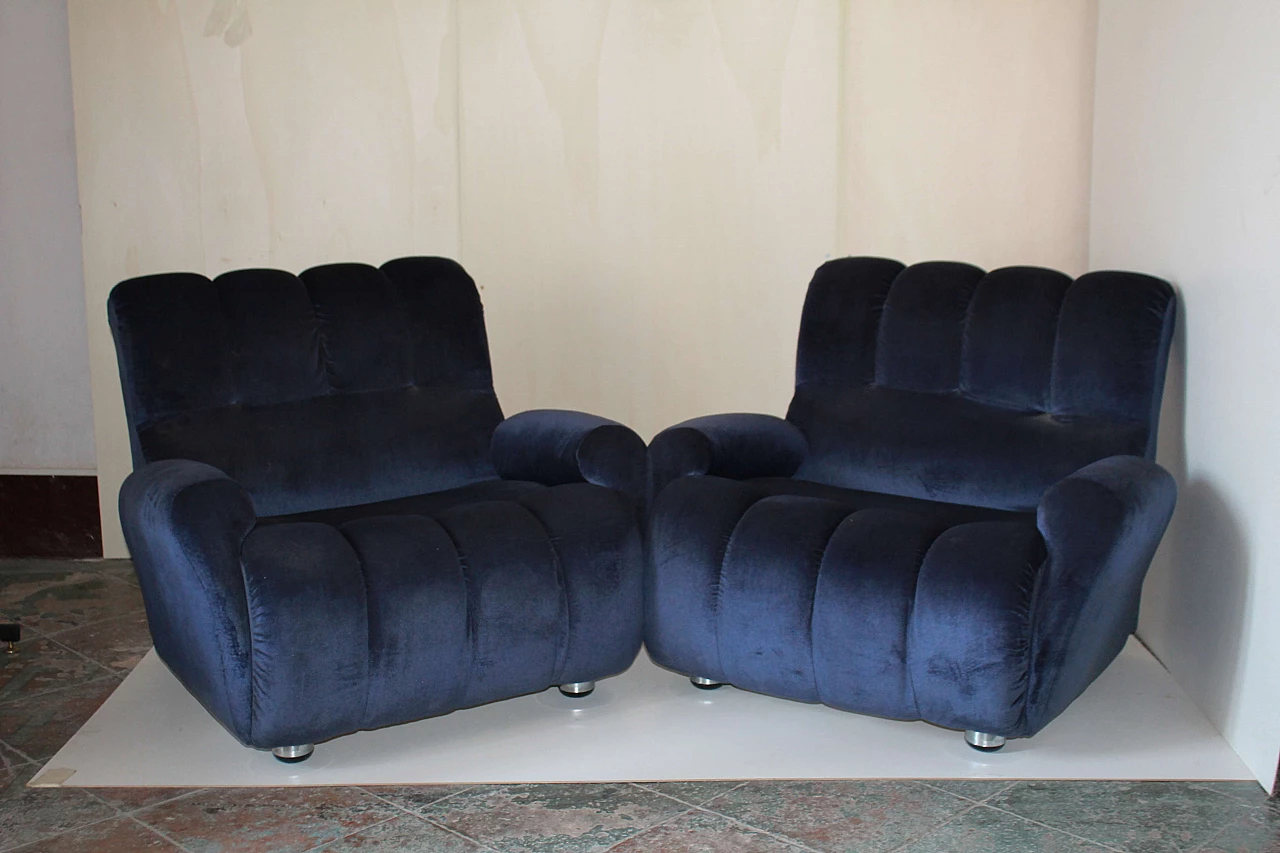 Pair of blue velvet armchairs, 1980s 2