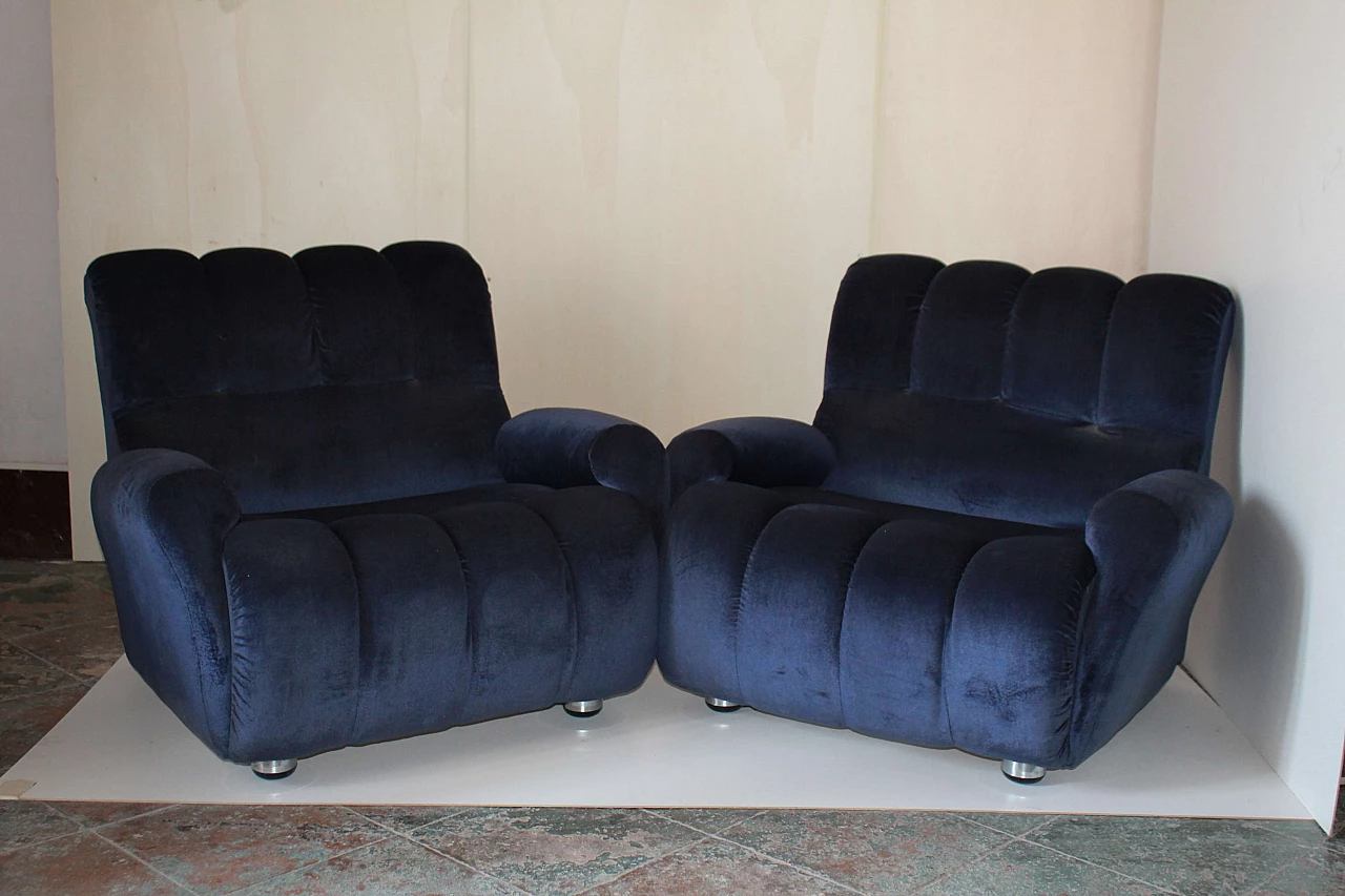 Pair of blue velvet armchairs, 1980s 3