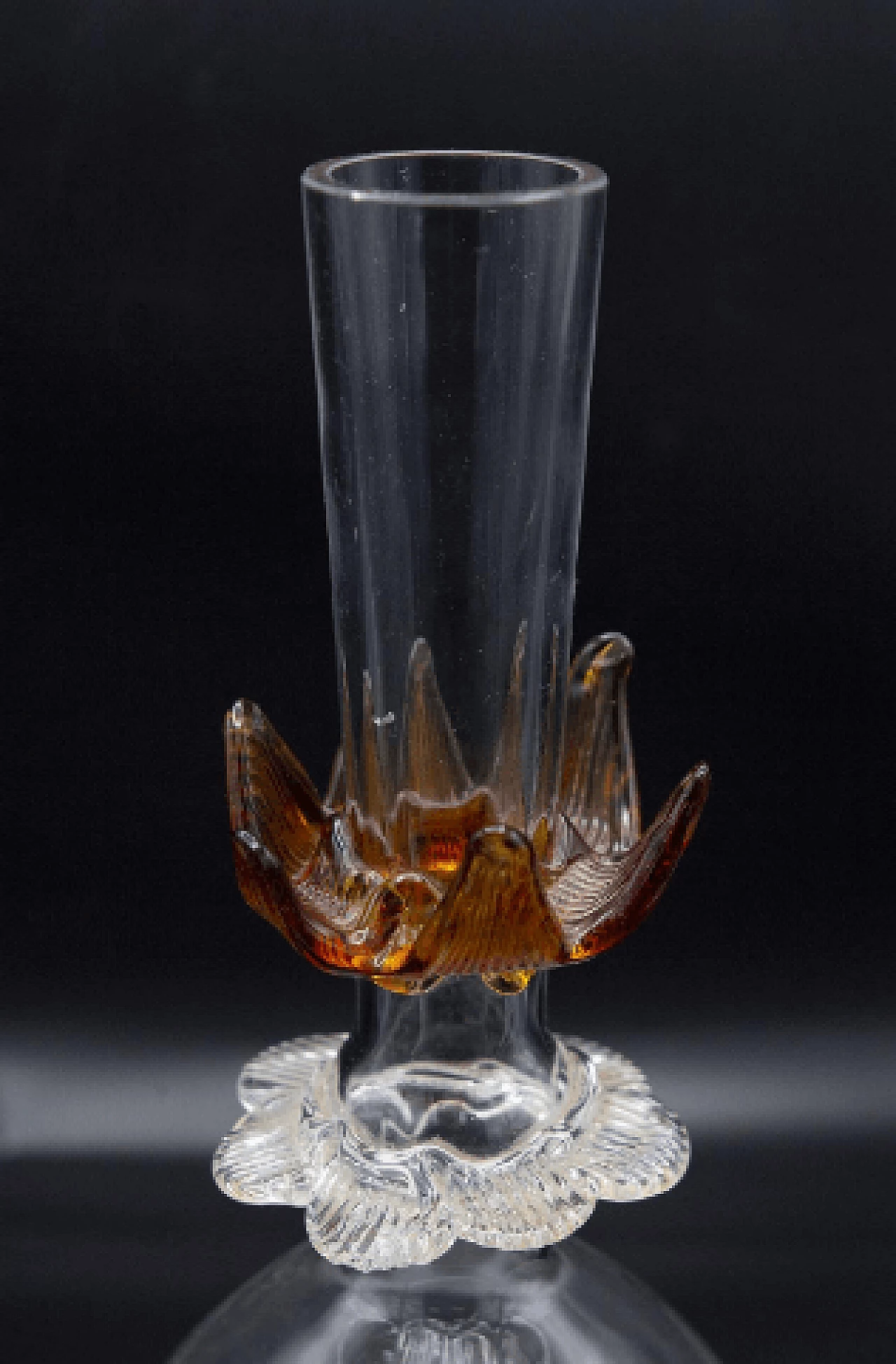 Transparent Murano glass vase with amber flower, 1940s 10