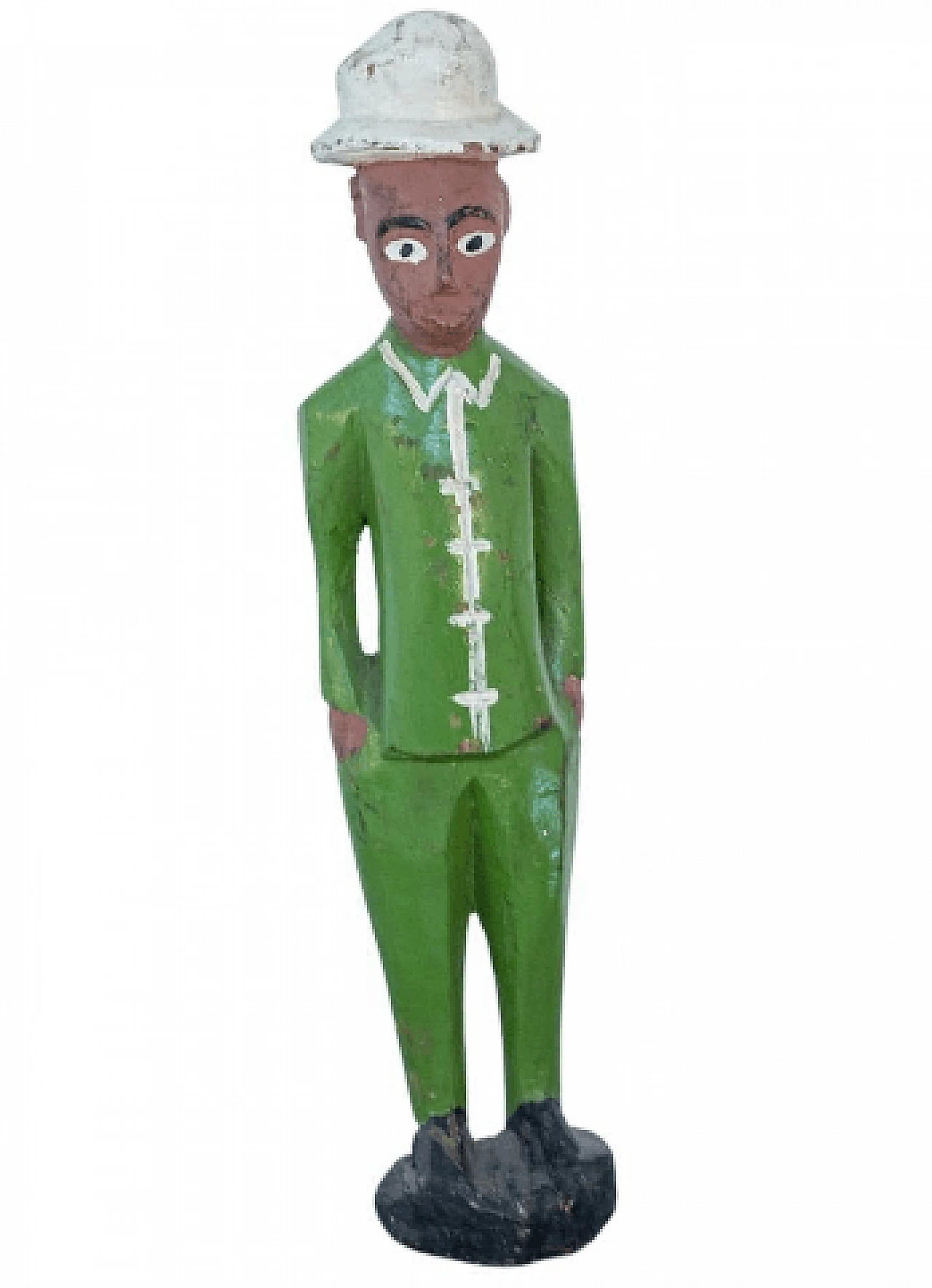 Scultura in legno di un uomo con completo verde, anni '50 1