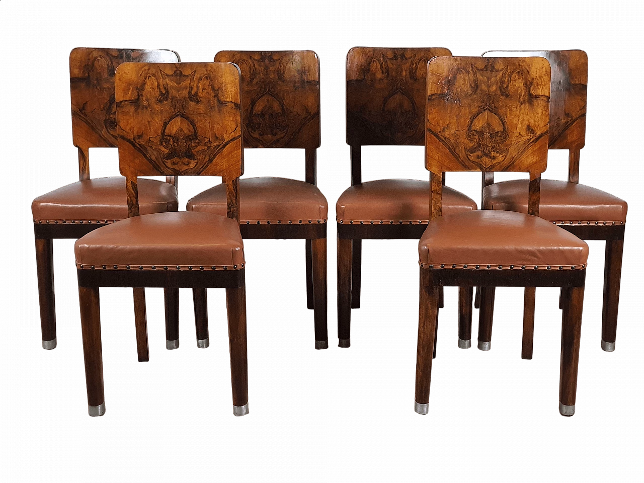 6 Sedie in pelle e radica di noce Art Deco, anni '30 30