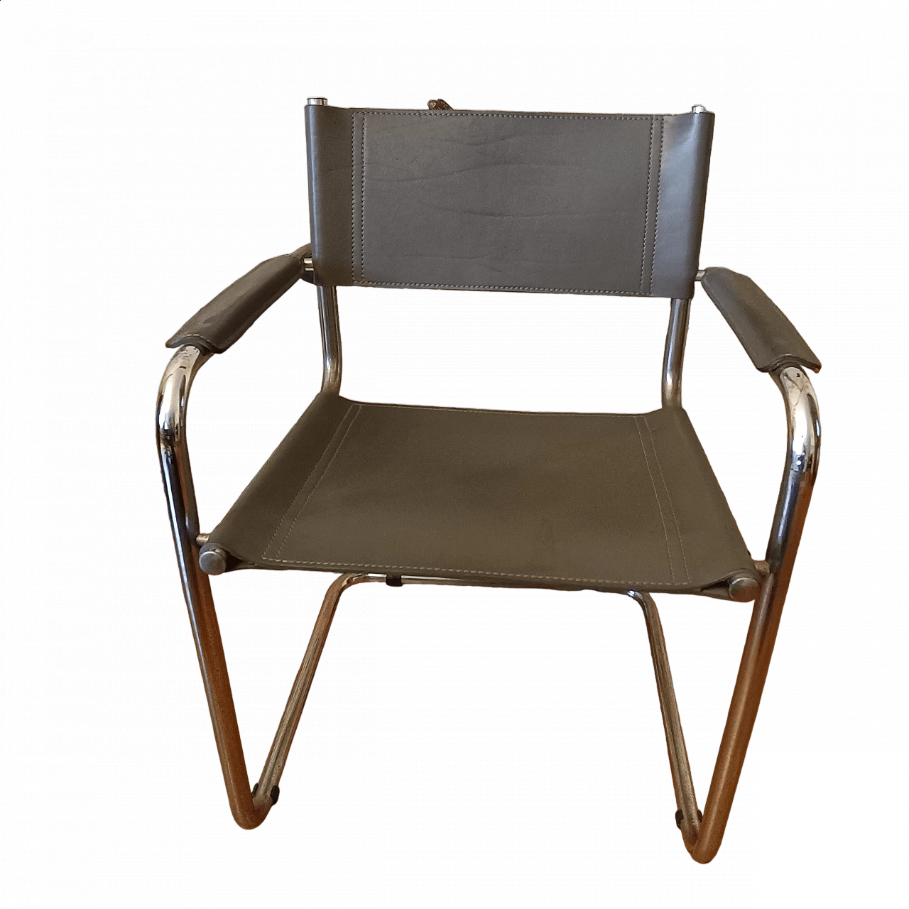 Sedia con struttura tubolare e schienale e seduta in pelle, anni '70 16