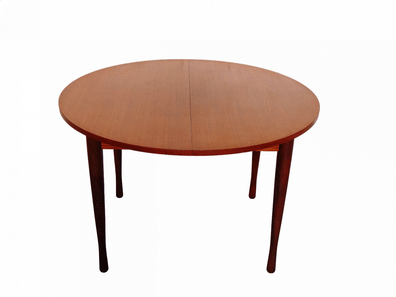 Extendable round teak table with skittle legs, 1960s 14