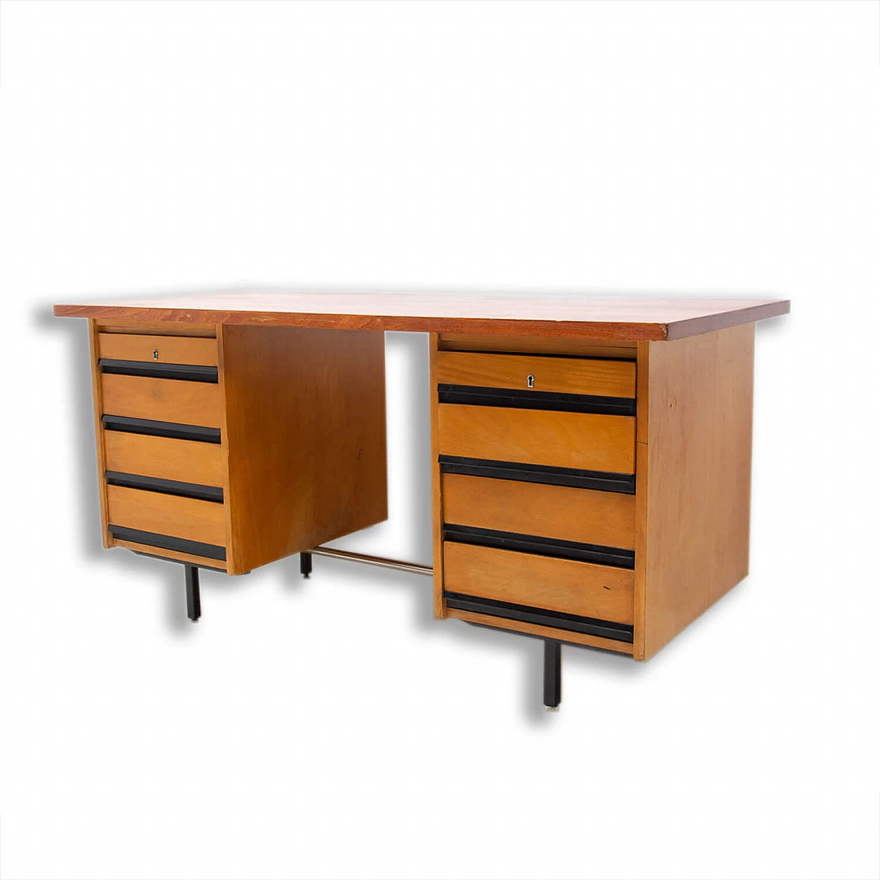 Beech and iron desk with drawers, 1970s 1