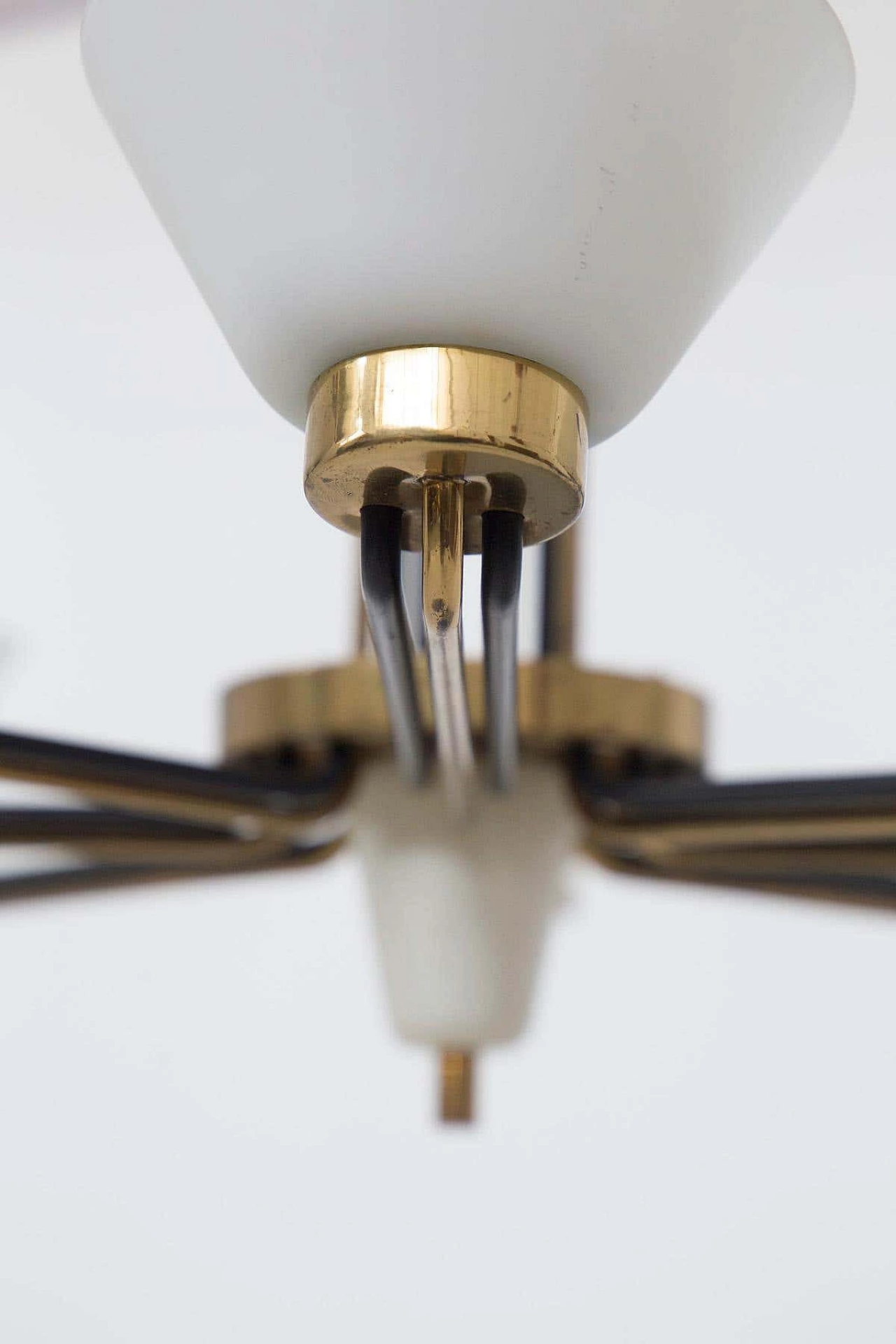 Eight-armed brass and opaline glass chandelier, 1950s 1