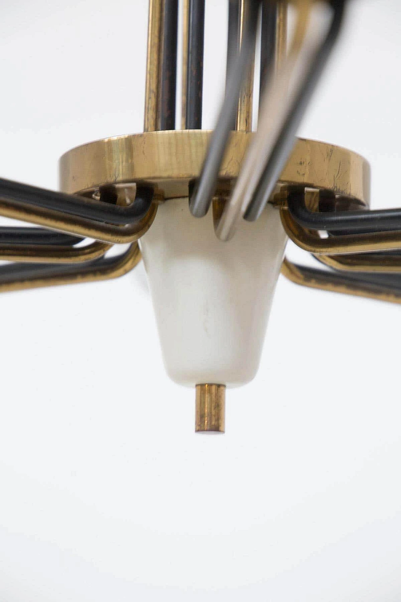 Eight-armed brass and opaline glass chandelier, 1950s 3