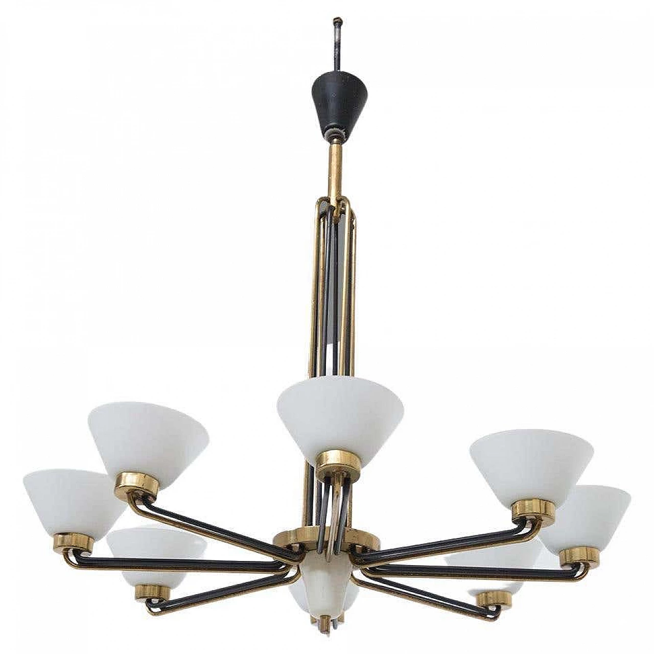 Eight-armed brass and opaline glass chandelier, 1950s 7