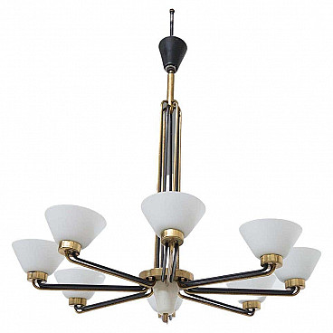 Eight-armed brass and opaline glass chandelier, 1950s